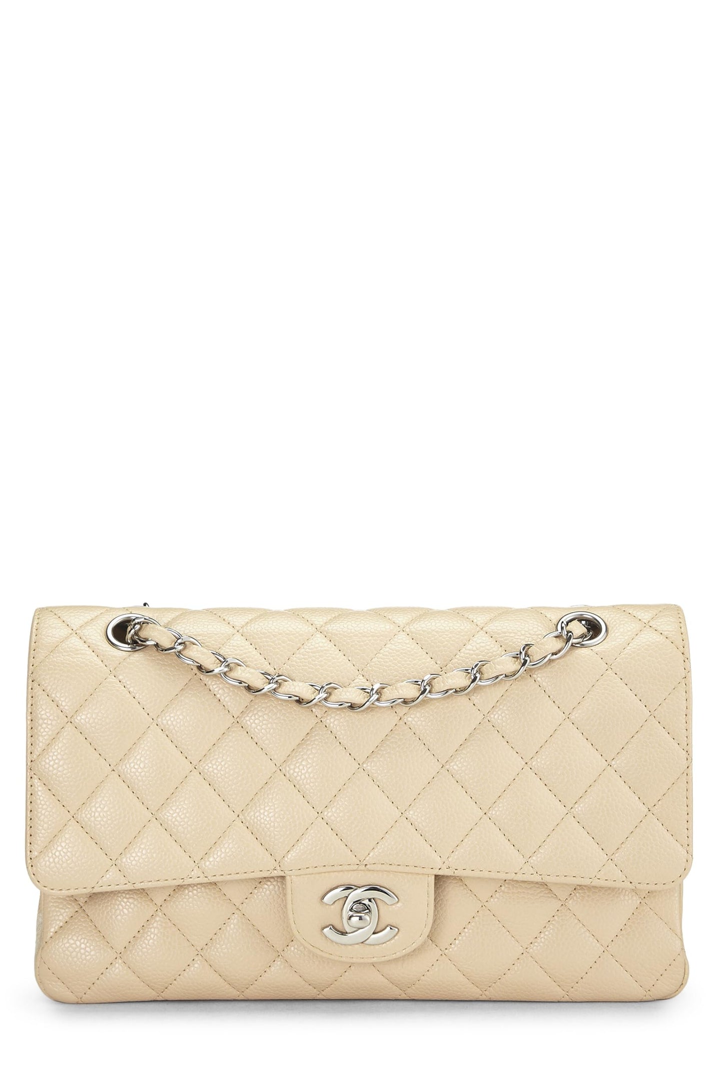 Chanel, sac à rabat double classique matelassé beige caviar d'occasion, taille M, beige