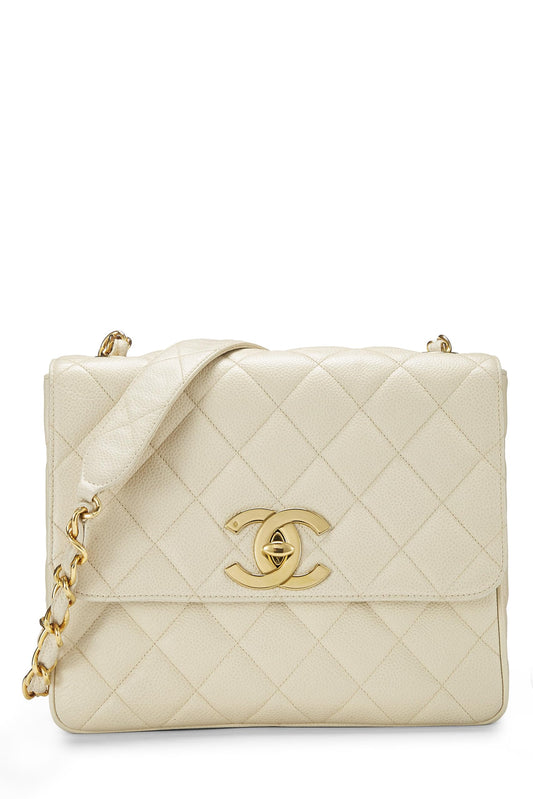 Chanel, sac à rabat carré Big « CC » matelassé en caviar blanc d'occasion, blanc