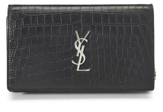 Yves Saint Laurent, portefeuille à chaîne avec monogramme Cassandra en relief noir d'occasion (WOC), noir