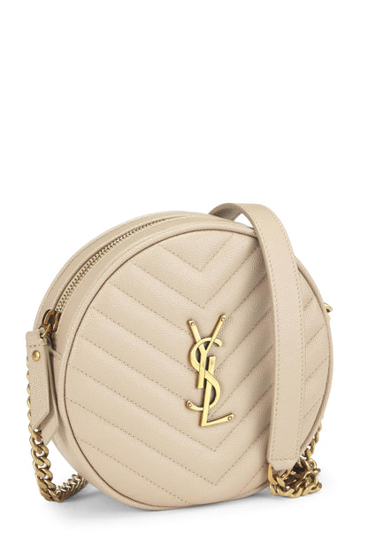 Yves Saint Laurent, sac à main rond en cuir grainé beige d'occasion, couleur crème