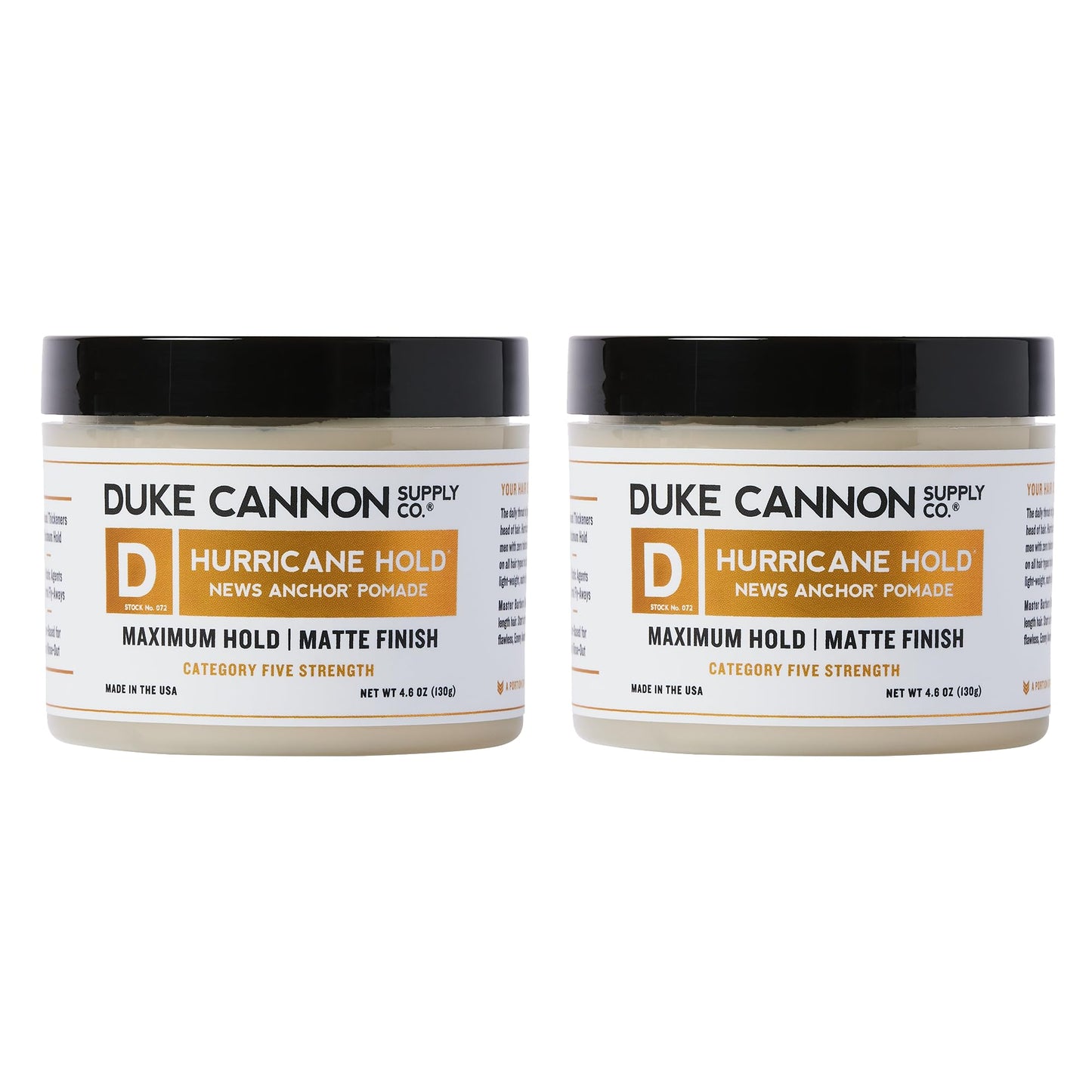 Duke Cannon Supply Co. News Anchor Hurricane Hold Pomade, tenue maximale - finition mate 4,6 oz (paquet de 2)