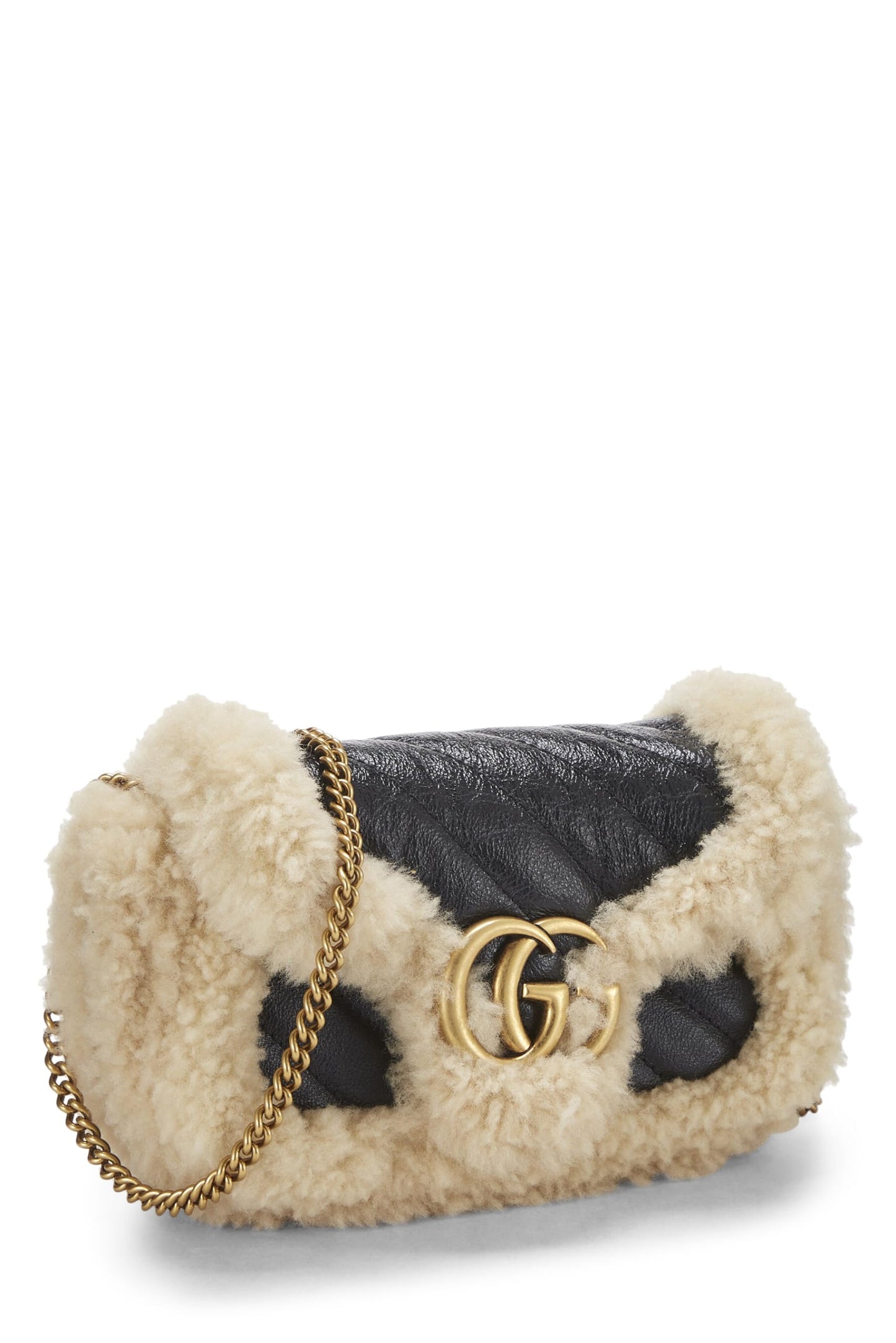 Gucci, Pre-Loved Black Leather & Shearling GG Marmont Shoulder Bag Mini, Black