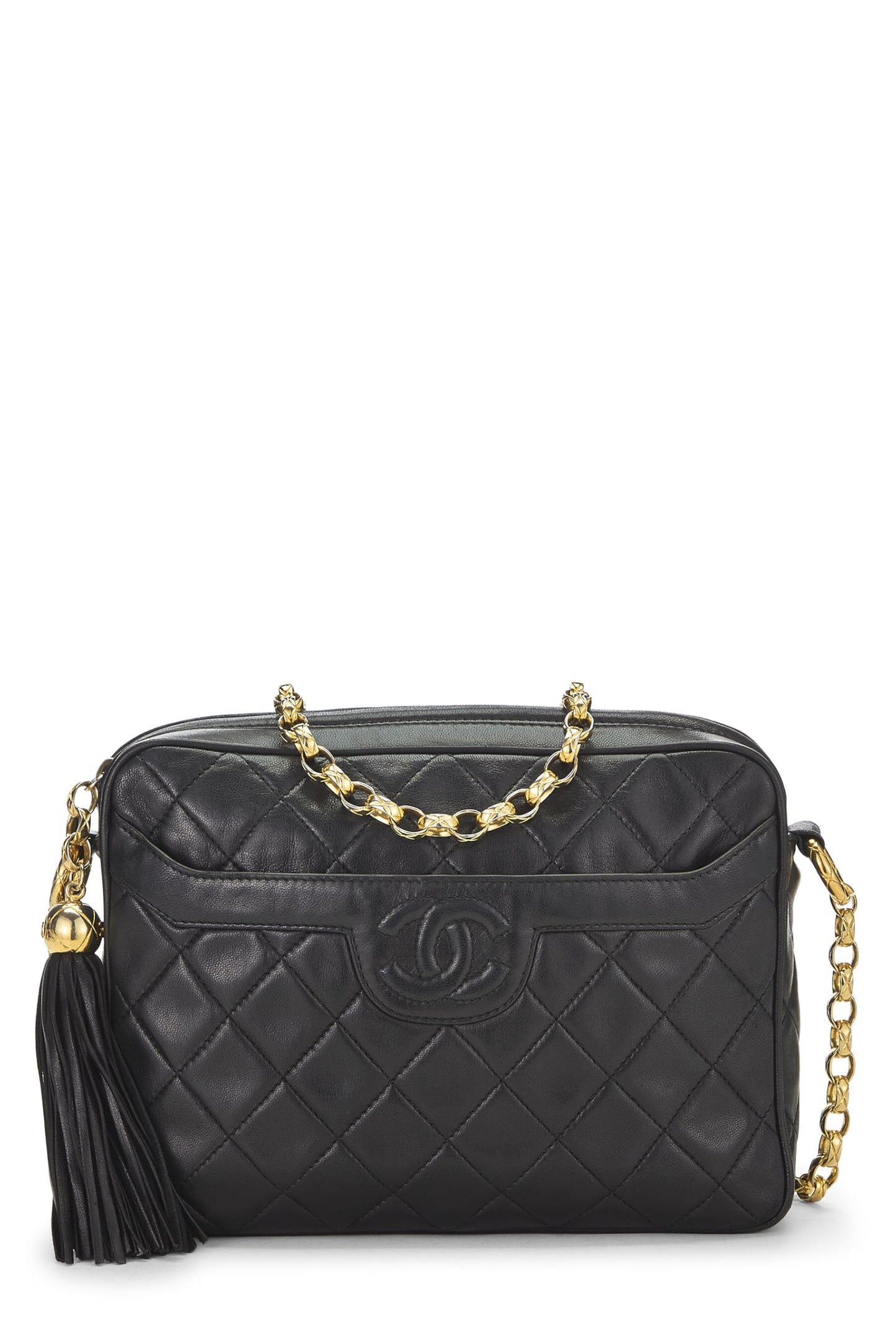 Chanel, sac à main pour appareil photo de poche en cuir d'agneau matelassé noir de taille moyenne, noir