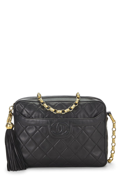 Chanel, Bolso para cámara con bolsillo acolchado en piel de cordero negro Pre-Loved, mediano, Negro