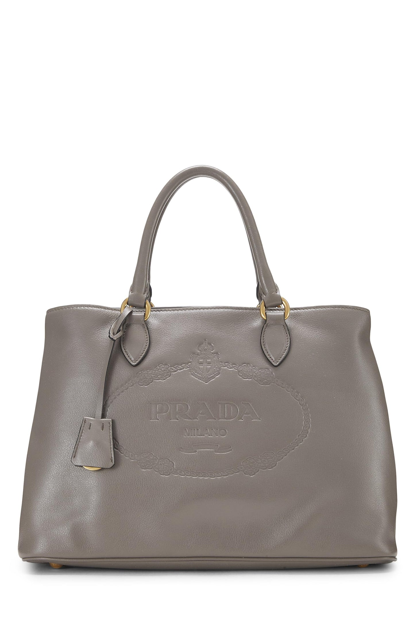 Prada, Bolso tote mediano con broche lateral y logotipo de piel de becerro gris Pre-Loved, Gris