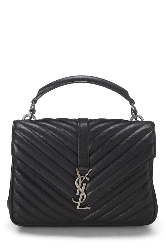 Yves Saint Laurent, College Medium en cuir à chevrons noirs d'occasion, noir