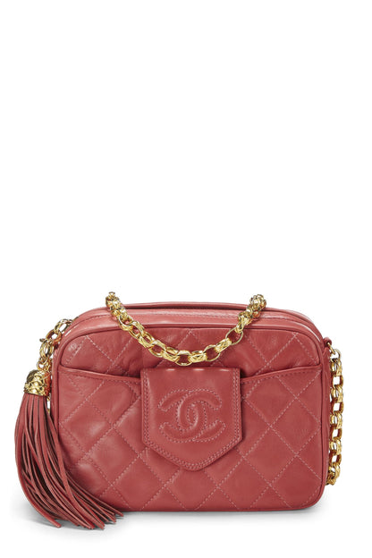 Chanel, Mini sac photo en cuir d'agneau rose avec onglet diamant « CC » d'occasion, rose