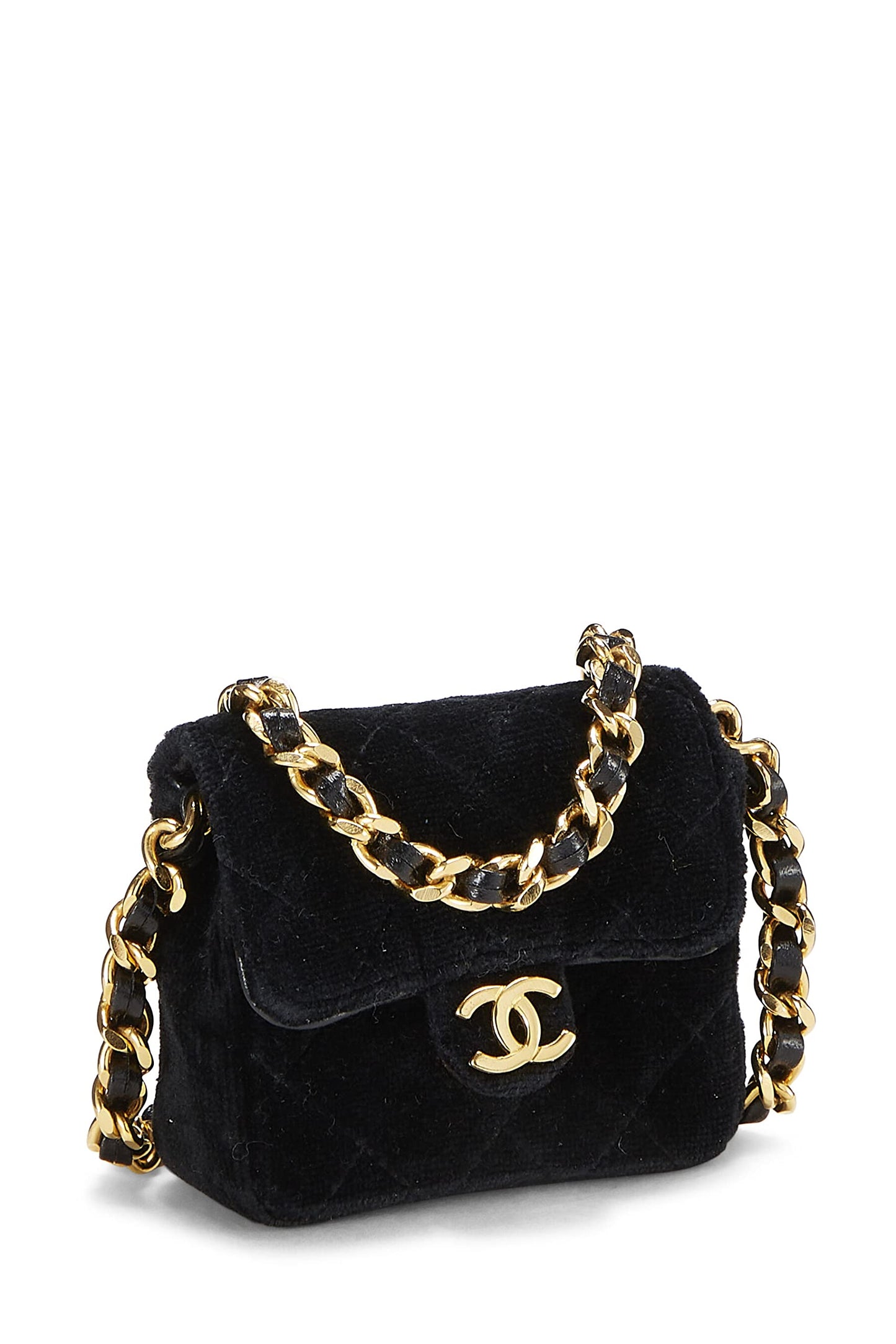 Chanel, sac à main micro à rabat en velours matelassé noir d'occasion, noir