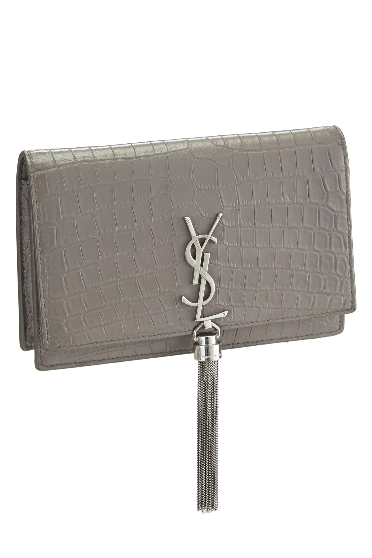 Yves Saint Laurent, Pre-Loved Grey Embossed Leather Kate Tassel Wallet-On-Chain (WOC), Grey