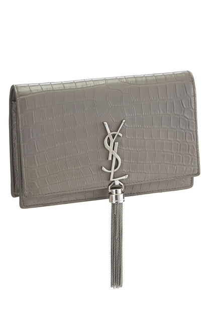 Yves Saint Laurent, Pre-Loved Grey Embossed Leather Kate Tassel Wallet-On-Chain (WOC), Grey