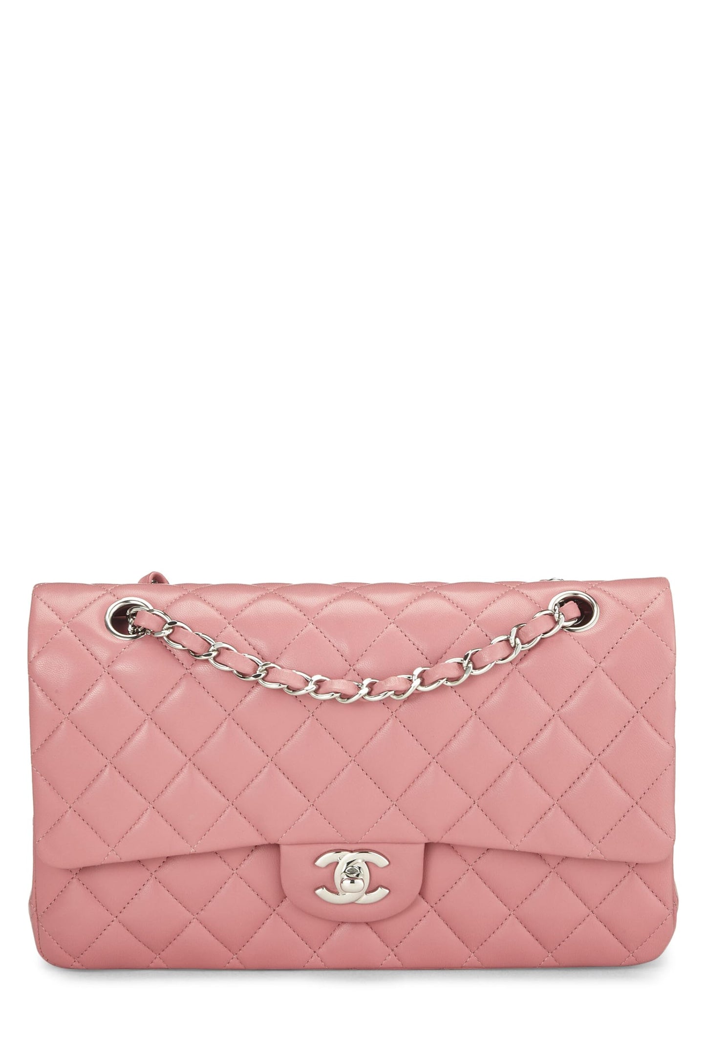 Chanel, sac à main classique à double rabat en cuir d'agneau matelassé rose d'occasion, taille M, rose