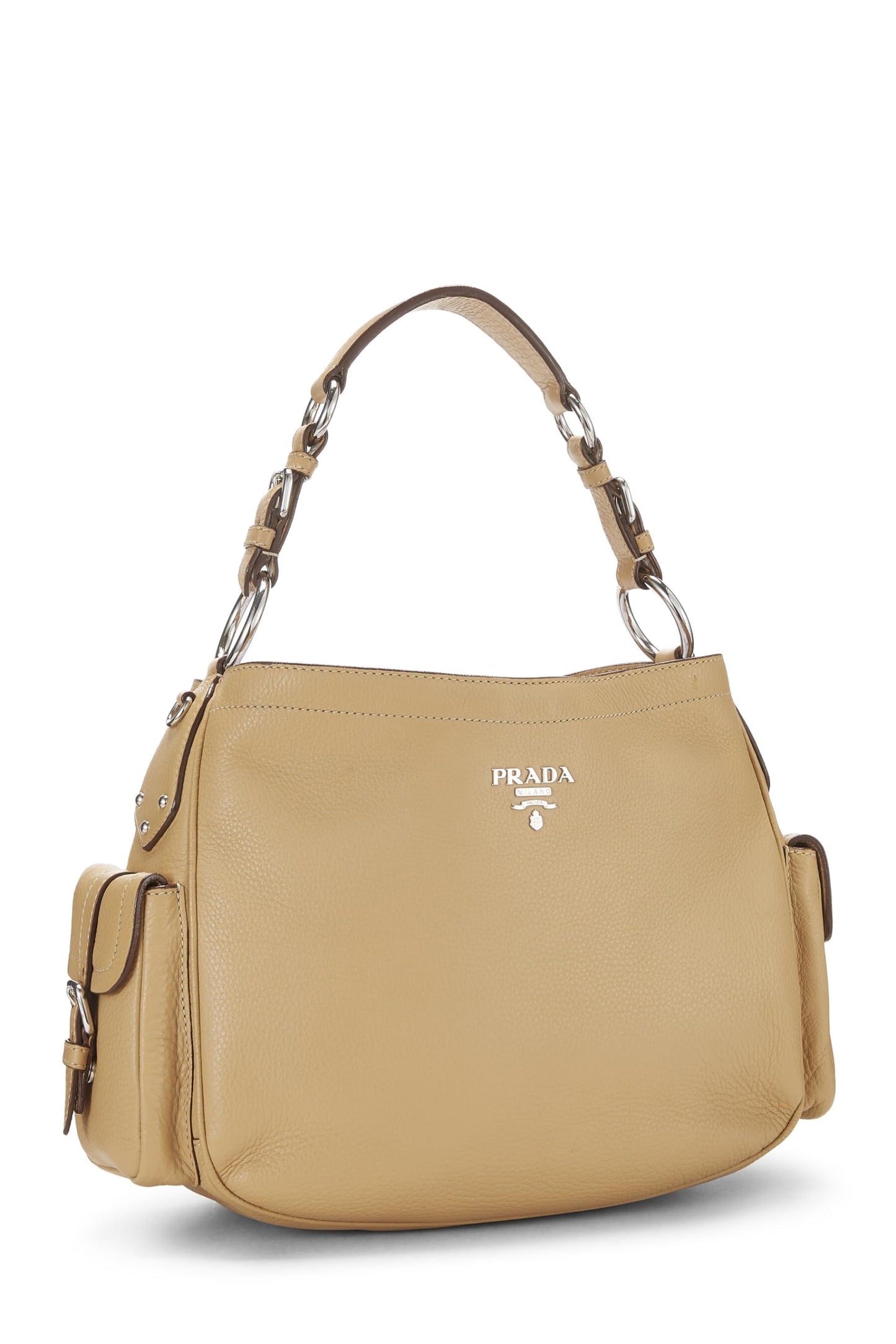 Prada, Hobo à poche latérale Vitello Daino beige pré-aimé, Beige