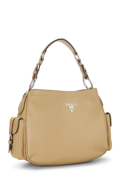 Prada, Hobo con bolsillo lateral Vitello Daino beige Pre-Loved, Beige