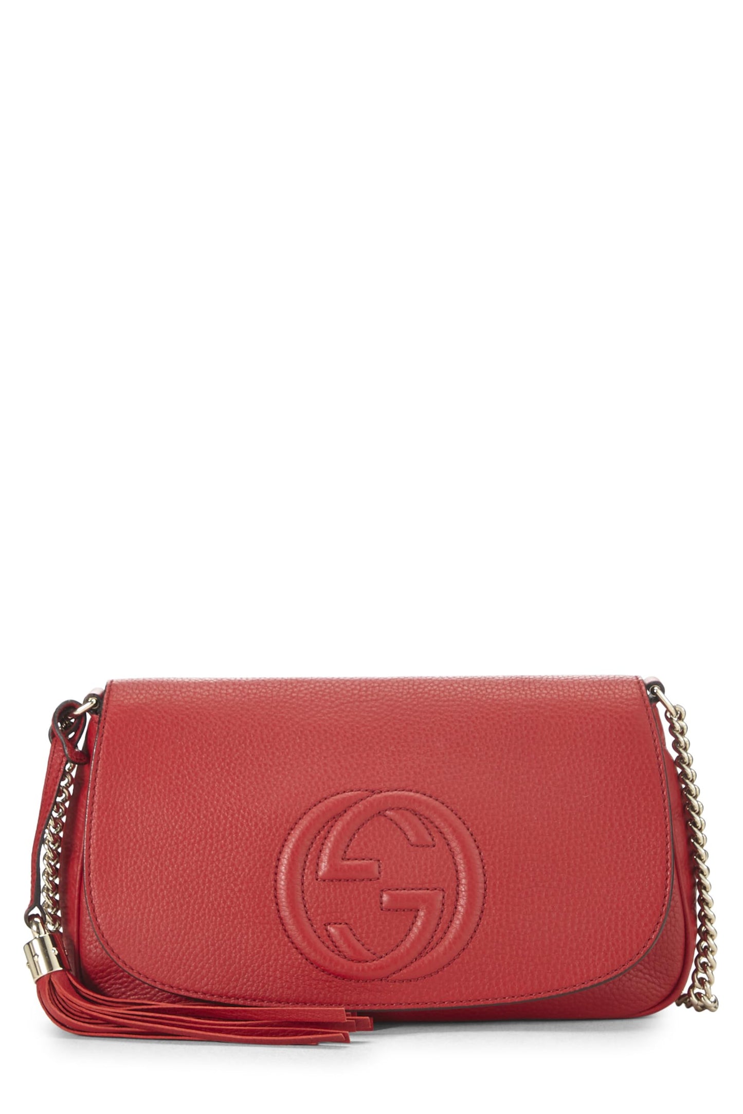 Gucci, bolso bandolera Soho de piel granulada roja con solapa y cadena, usado, rojo