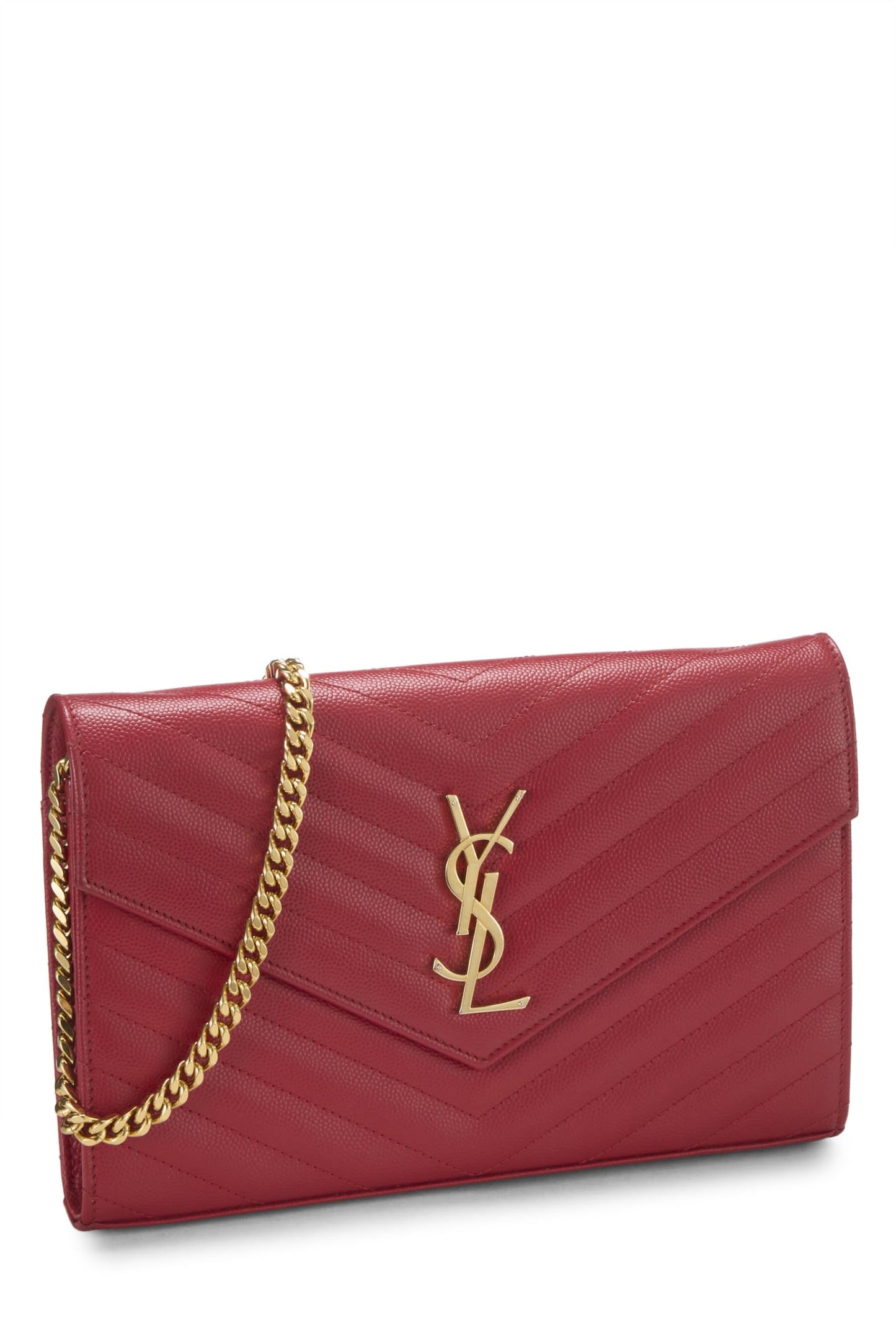 Yves Saint Laurent, portefeuille à chaîne en cuir grainé rouge monogrammé d'occasion (WOC), rouge