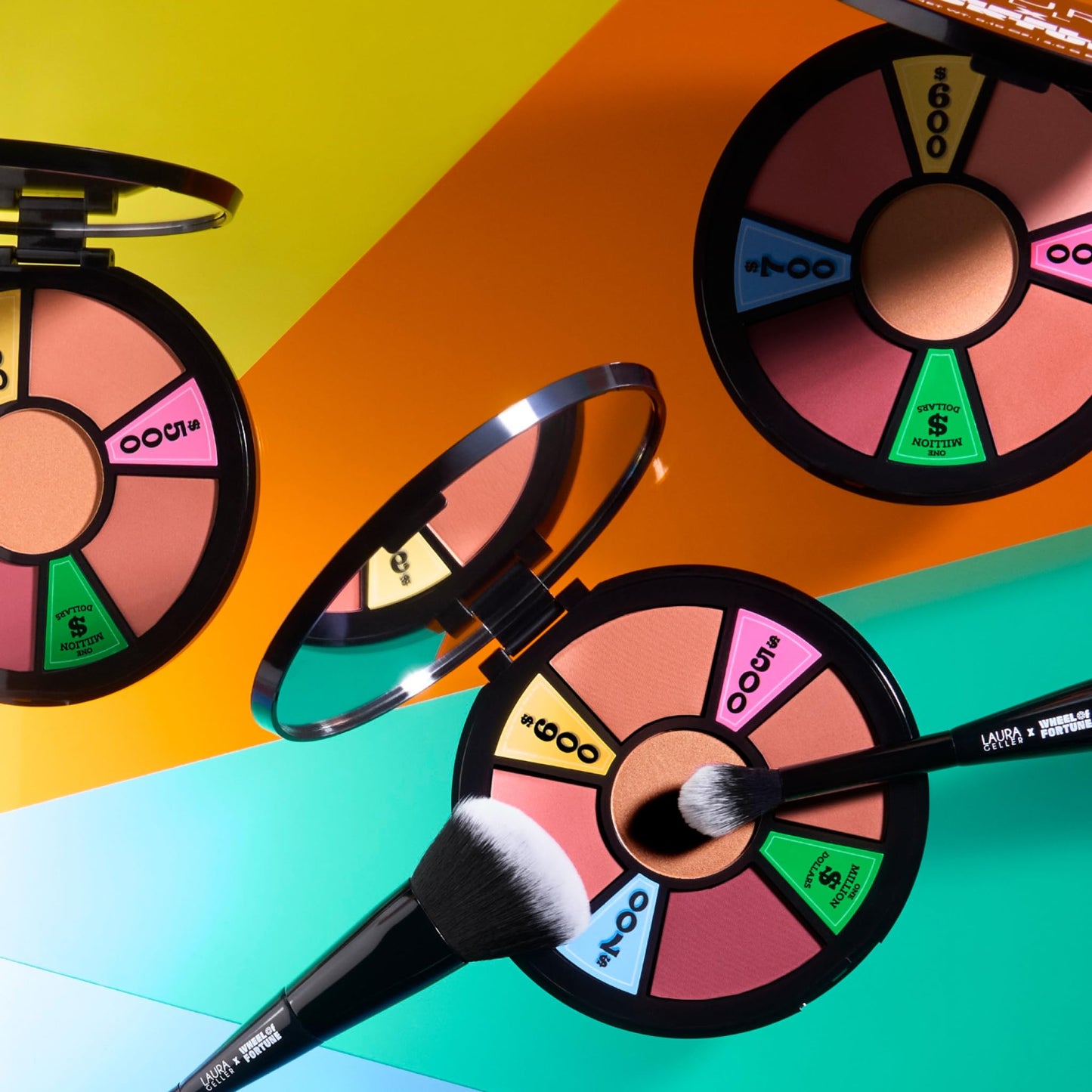 LAURA GELLER NEW YORK Wheel fo Fortune Eye and Cheek Palette Kit - Prizewinnig Eyes Eyeshadow Palette + Face the Day Blush Palette + Dual-Ended Brush