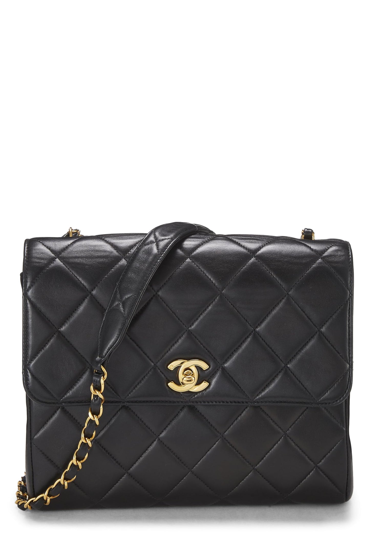 Chanel, sac à bandoulière carré « CC » en cuir d'agneau matelassé noir d'occasion, noir