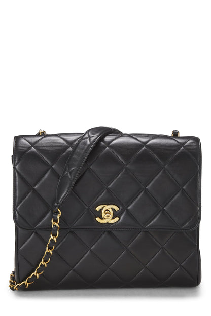 Chanel, Bolso de hombro cuadrado 'CC' de piel de cordero acolchado negro Pre-Loved, Negro