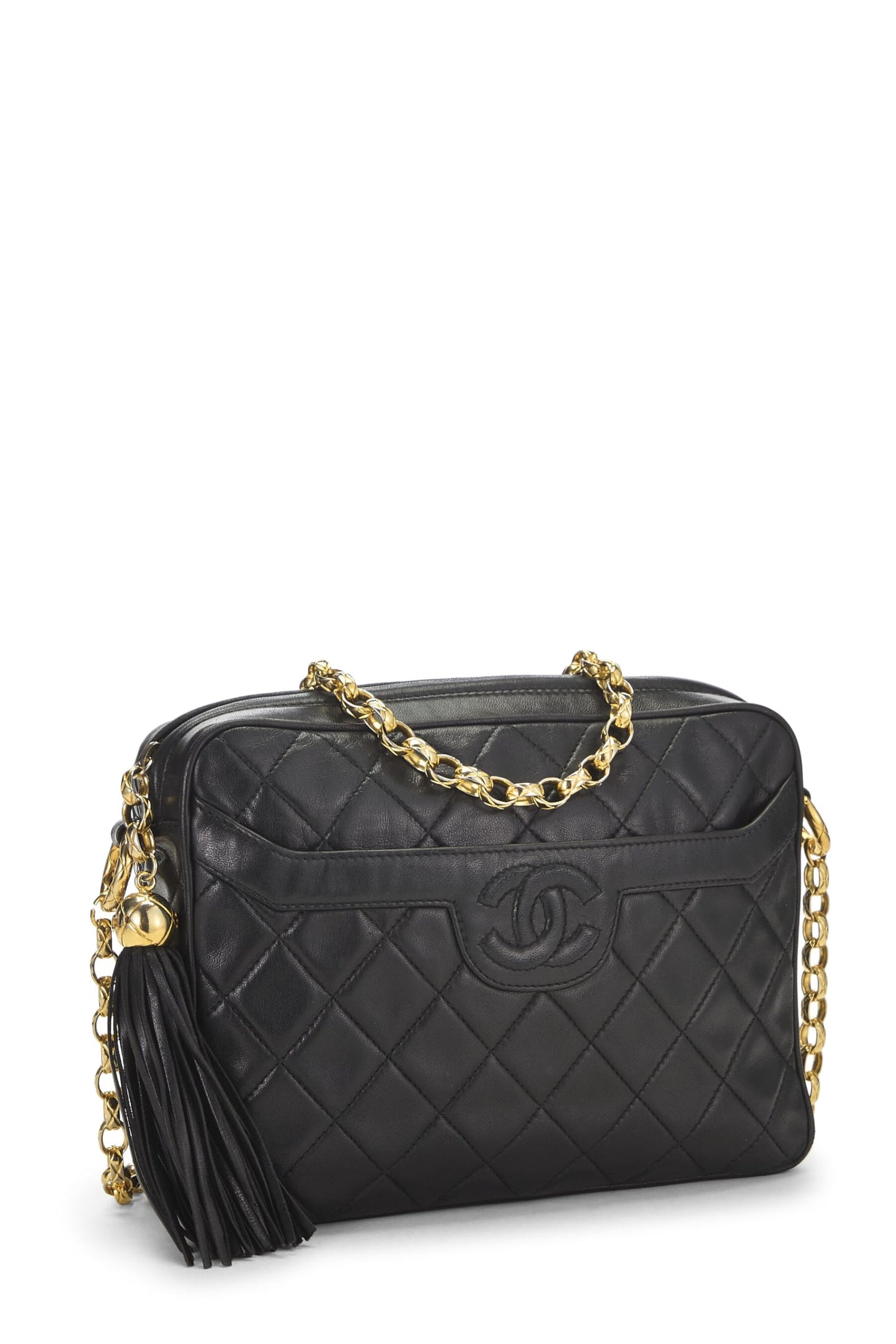 Chanel, sac à main pour appareil photo de poche en cuir d'agneau matelassé noir de taille moyenne, noir