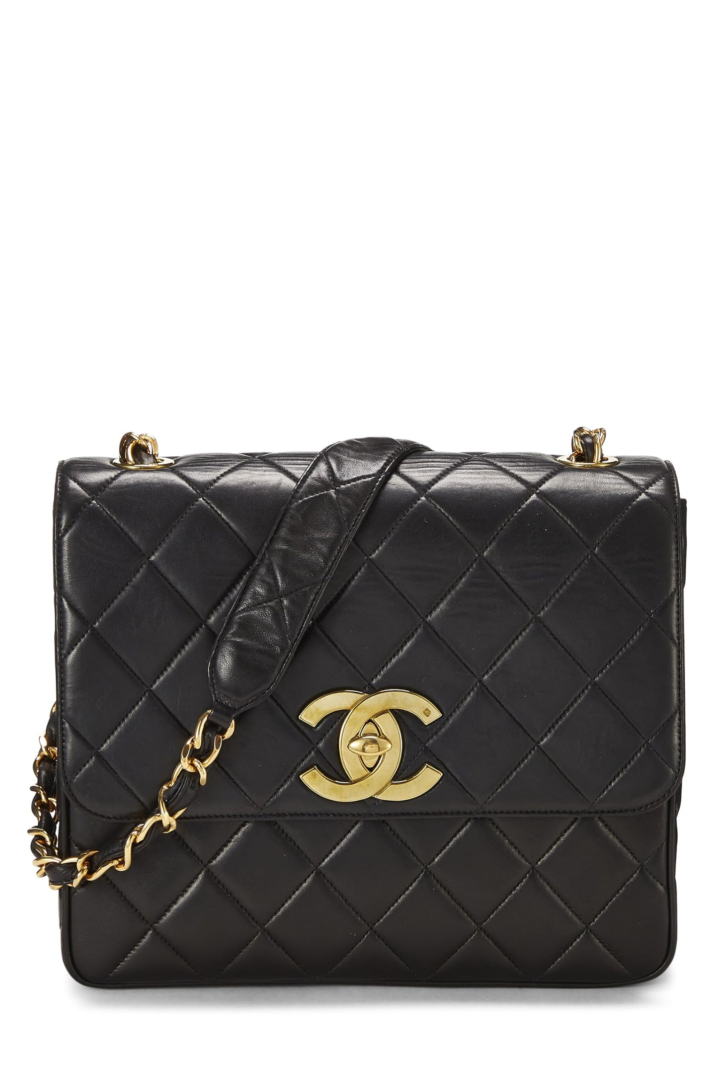 Chanel, Grand sac à rabat carré « CC » en cuir d'agneau noir d'occasion, noir