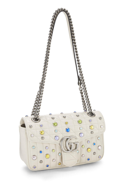 Gucci, Pre-Loved White Leather Crystal Embellished GG Marmont Shoulder Bag, White