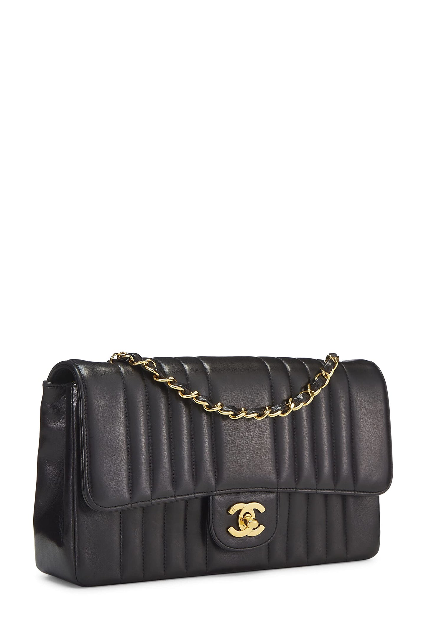 Chanel, sac à rabat vertical moyen en cuir d'agneau noir d'occasion, noir