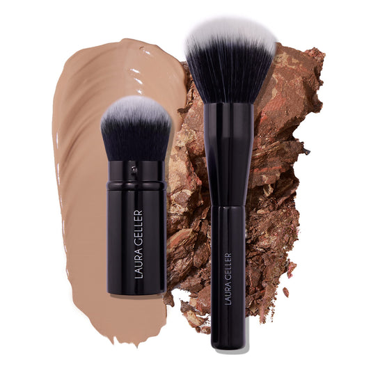 LAURA GELLER NEW YORK Better Together Ensemble de pinceaux de maquillage en deux parties pour poudres et fond de teint - Pinceau kabuki aérographe rond rétractable et pinceau de maquillage pour poudre pour le visage