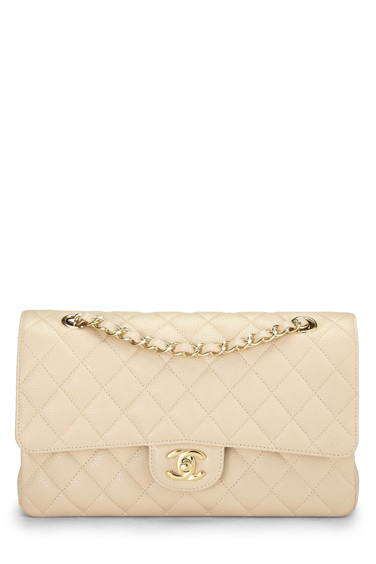 Chanel, sac à main classique à double rabat en cuir d'agneau matelassé beige d'occasion, taille M, beige