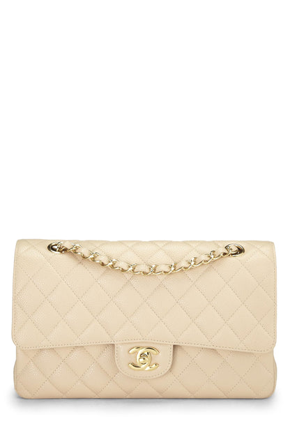 Chanel, sac à main classique à double rabat en cuir d'agneau matelassé beige d'occasion, taille M, beige