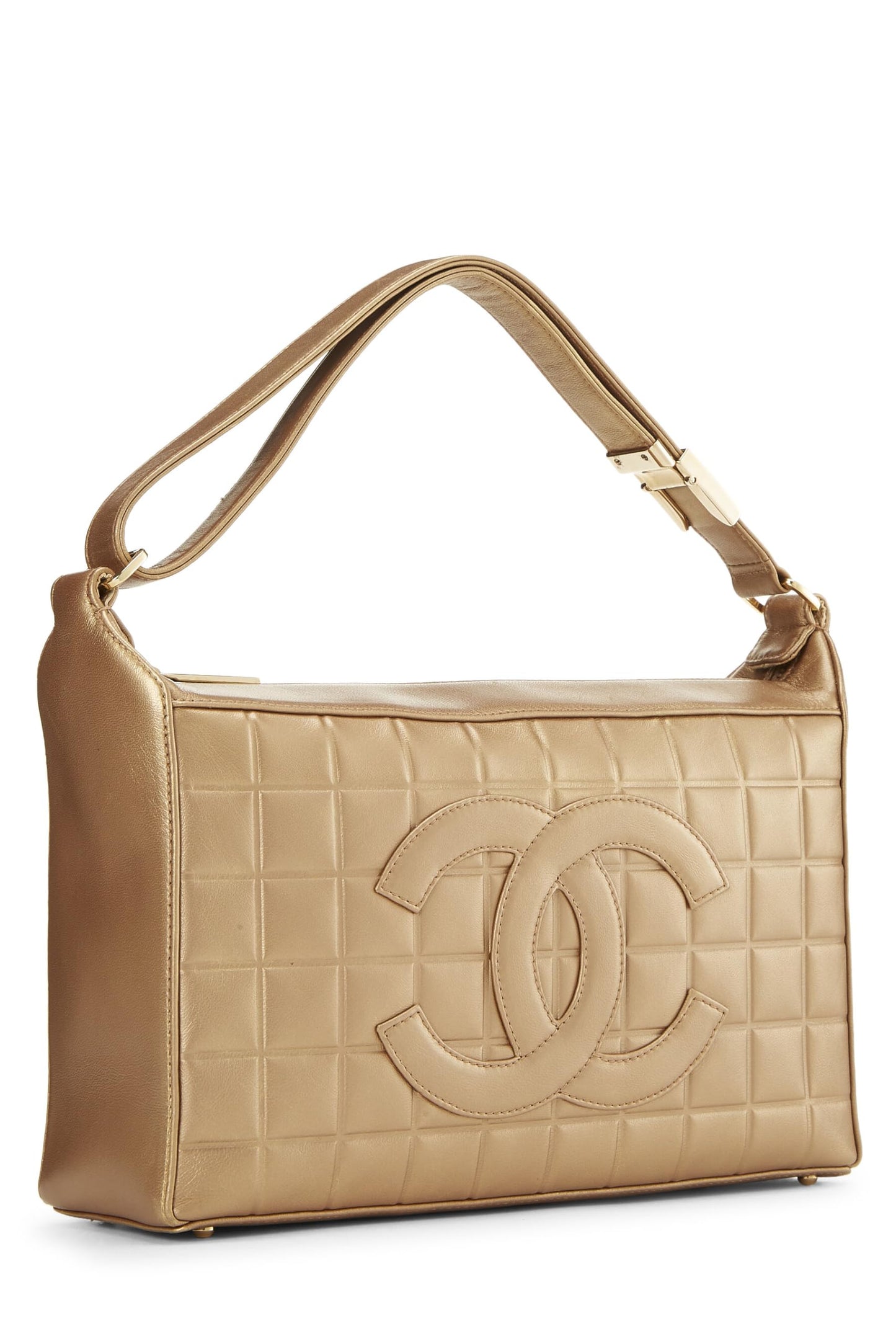 Chanel, sac à bandoulière en cuir de veau doré à motif chocolat, d'occasion, doré