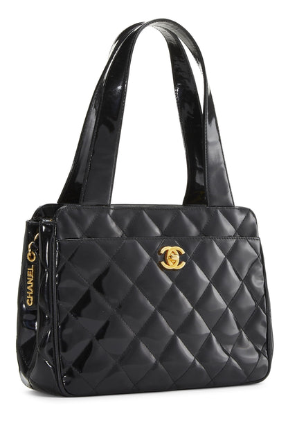 Chanel, sac à main en cuir verni matelassé noir d'occasion, petit modèle, noir