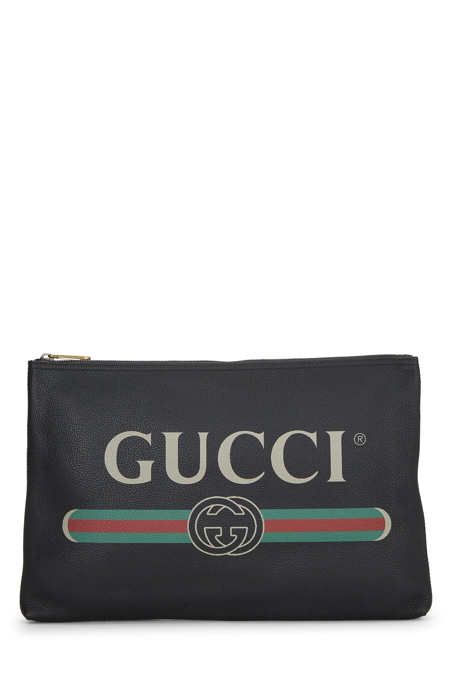 Gucci, Bolso de mano de cuero negro con estampado del logo Pre-Loved, Negro