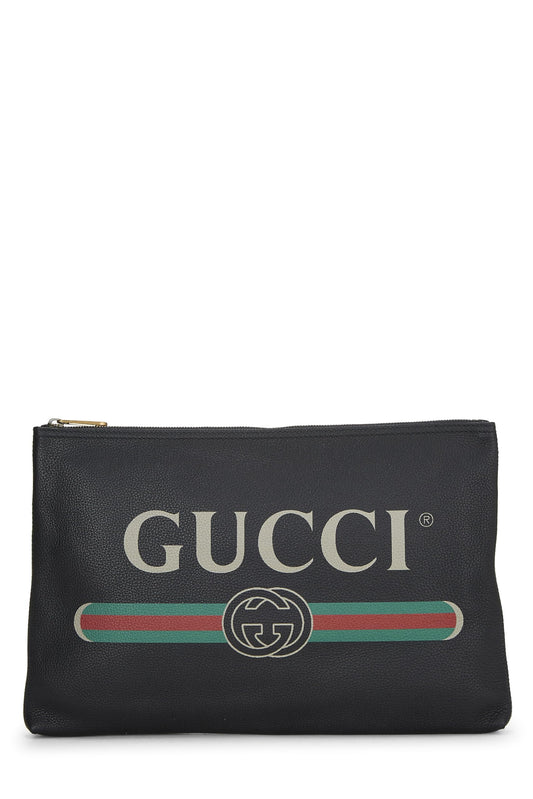 Gucci, Pre-Loved Black Leather Logo Print Pouch, Black