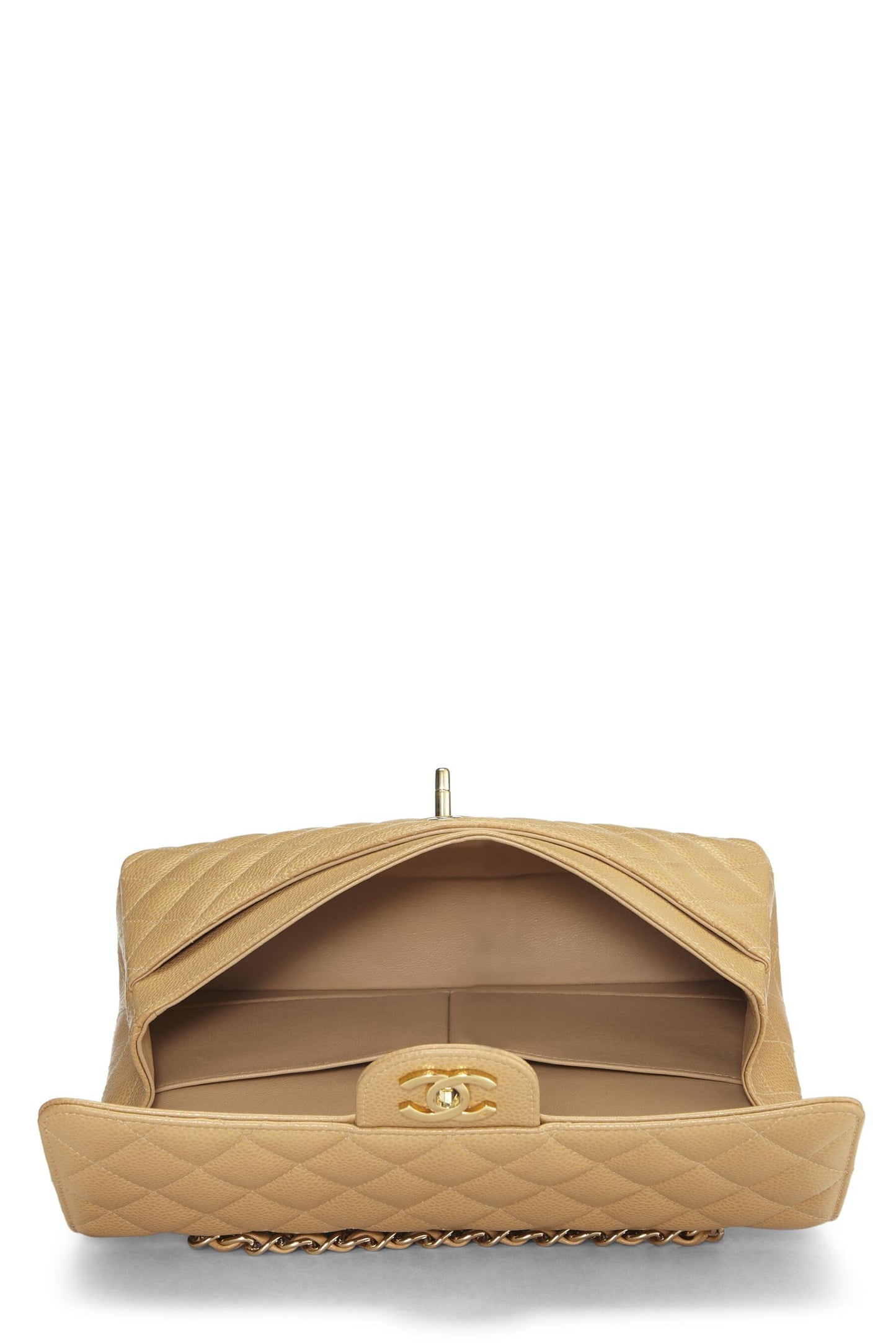 Chanel, sac à rabat double classique matelassé beige caviar d'occasion, taille M, beige