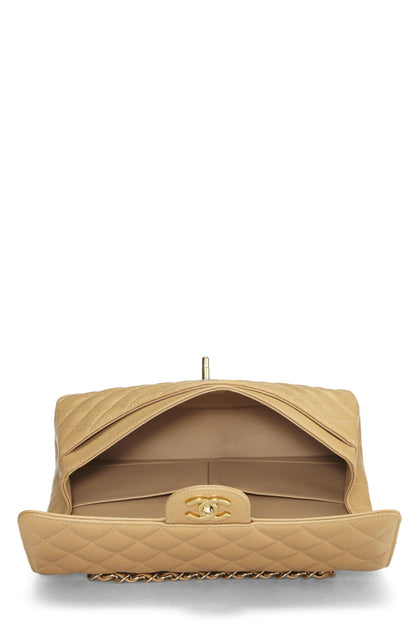 Chanel, sac à rabat double classique matelassé beige caviar d'occasion, taille M, beige