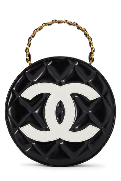 Chanel, Pre-Loved Black Quilted Patent Leather Round 'CC' Bag, Black