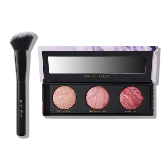 LAURA GELLER NEW YORK Geller's Greatest Better Than Ever 3pc Blush-n-Brighten Marbleized Blush Palette Trio + Angled Blush Brush Set