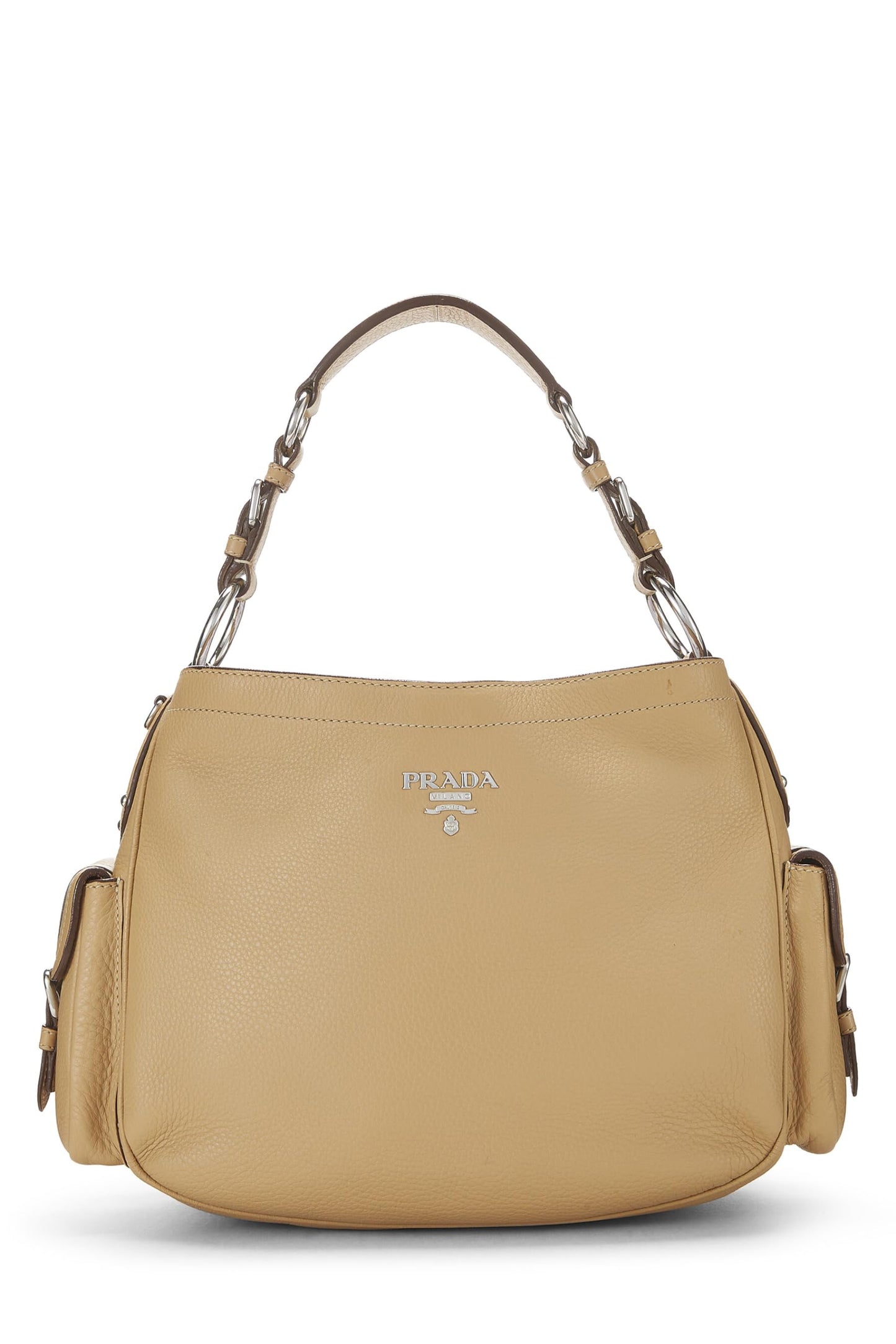 Prada, Hobo à poche latérale Vitello Daino beige pré-aimé, Beige