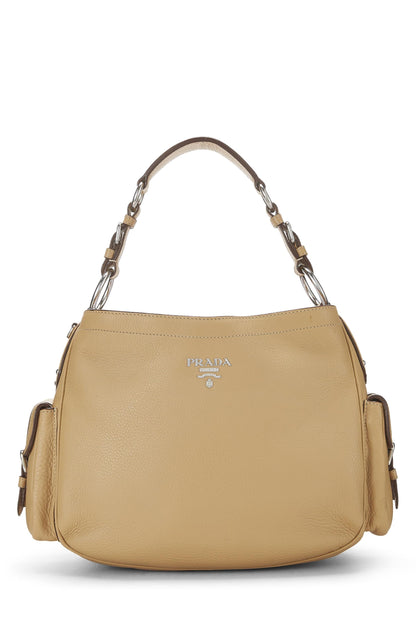 Prada, Hobo à poche latérale Vitello Daino beige pré-aimé, Beige