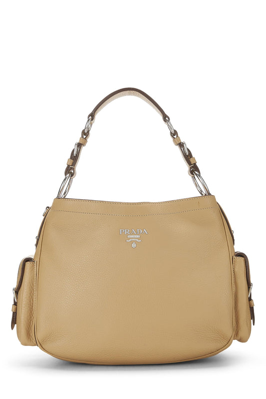 Prada, Pre-Loved Beige Vitello Daino Side Pocket Hobo, Beige