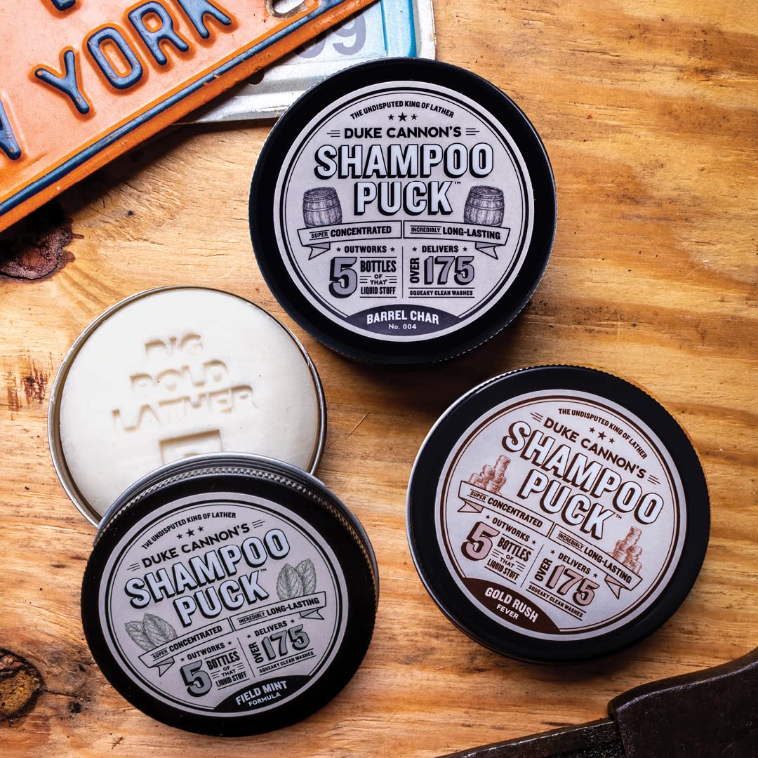 Duke Cannon Mens Shampoo Pucks "Hat Trick" Bundle Solid Shampoo Bars - Field Mint, Gold Rush Fever, Barrel Char No. 004