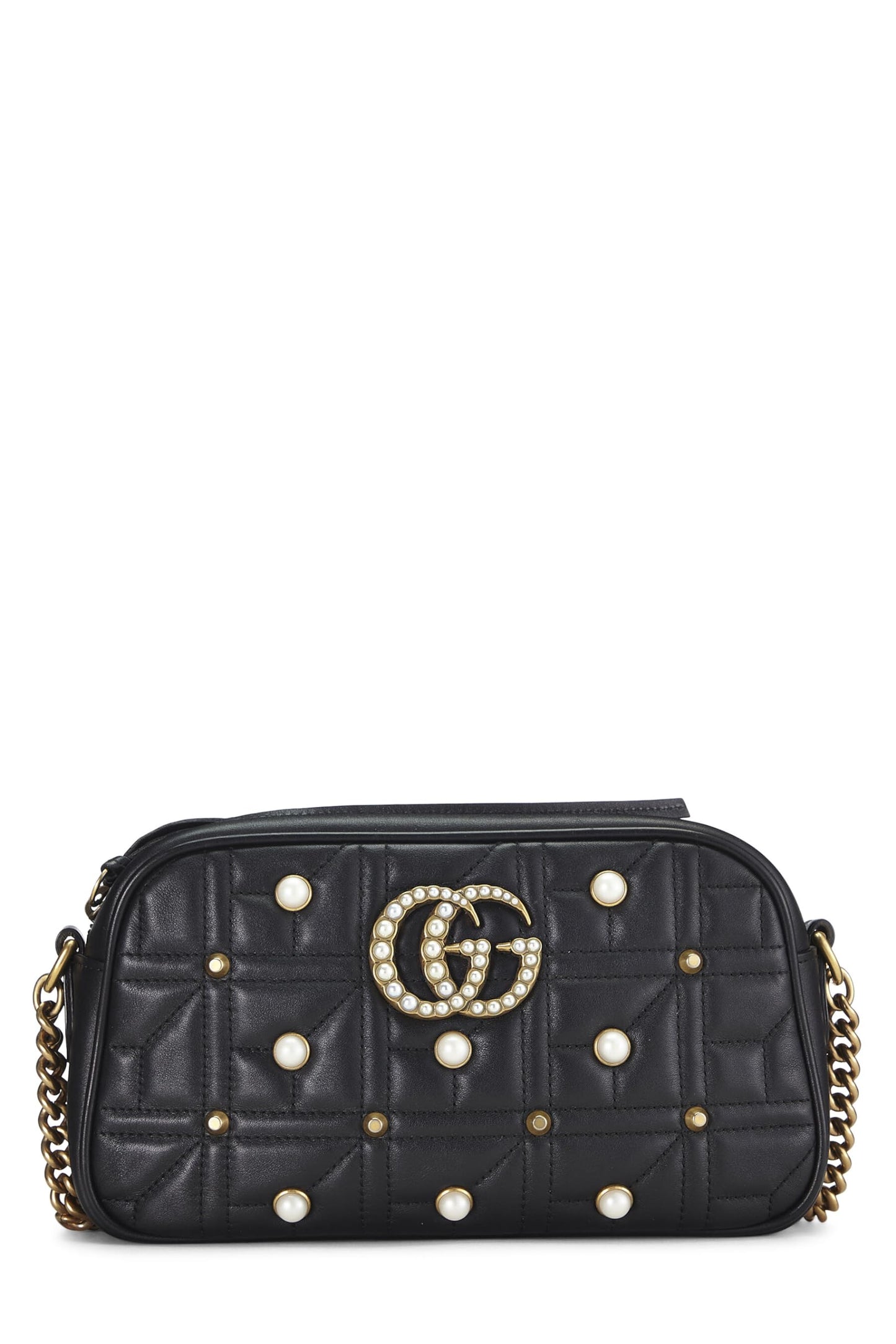 Gucci, Pre-Loved Black Leather & Faux Pearl GG Marmont Crossbody Small, Black