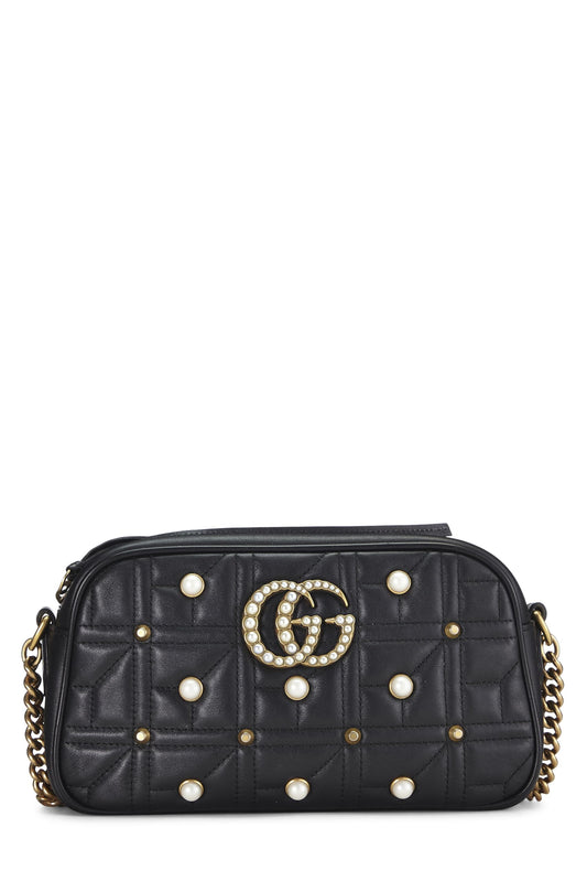 Gucci, sac à bandoulière GG Marmont en cuir noir et fausses perles, petit modèle, noir