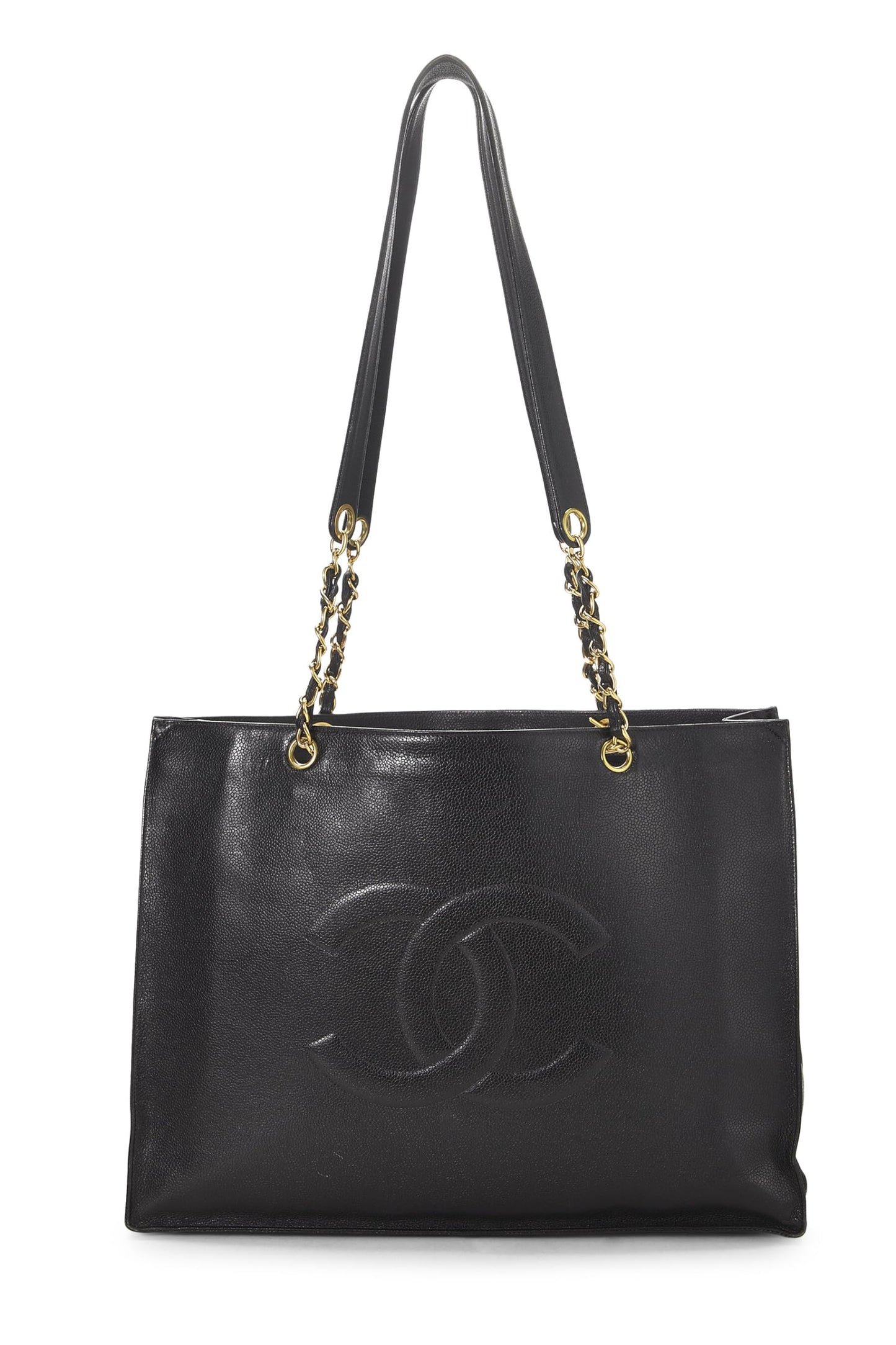 Chanel, sac fourre-tout à poignée plate en chaîne Black Caviar Medium d'occasion, noir