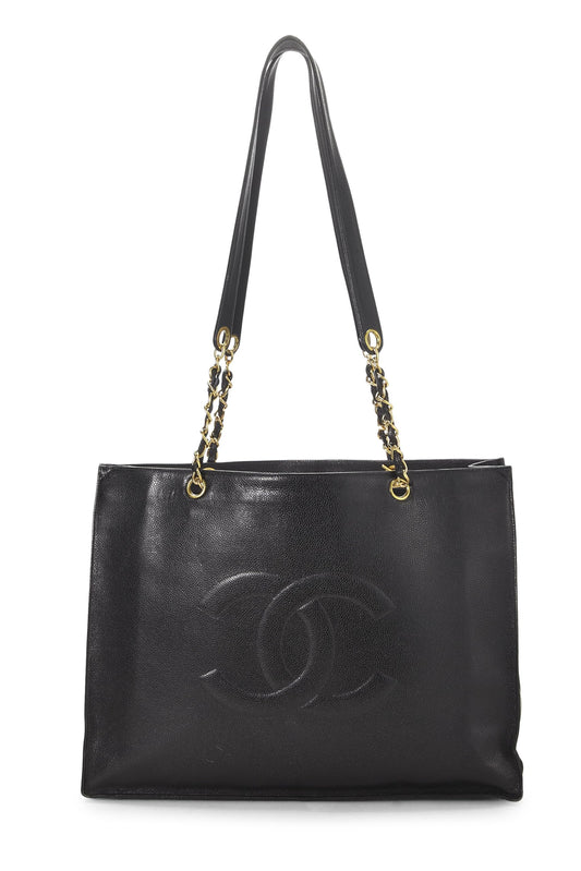 Chanel, Bolso tote mediano con asa de cadena plana y caviar negro Pre-Loved, Negro