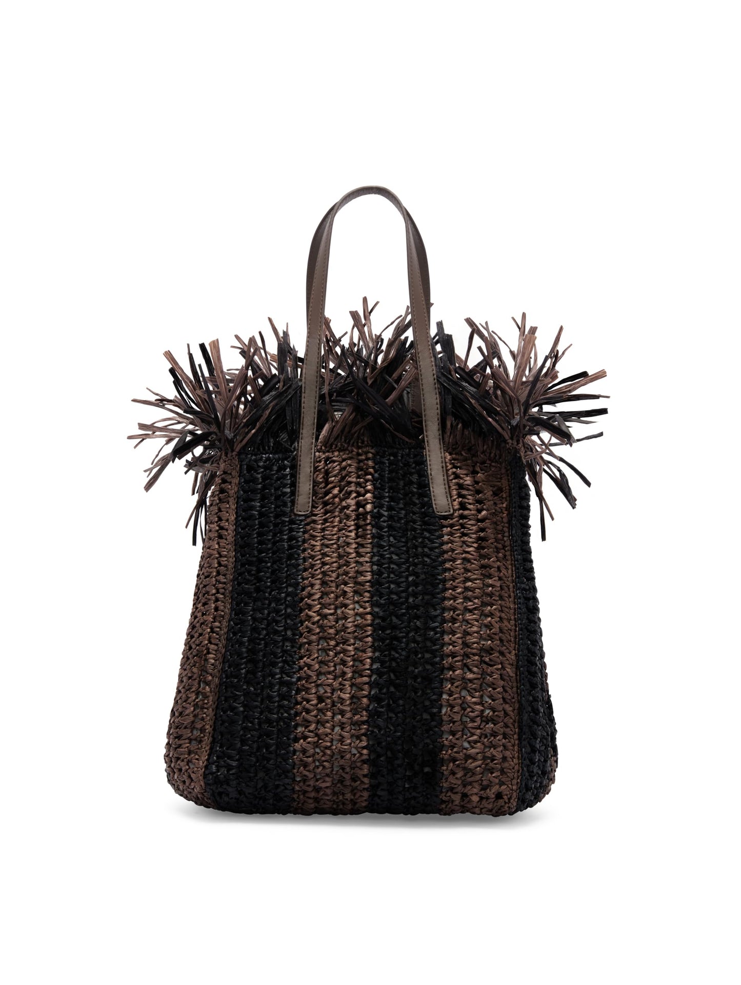 Oscar de la Renta, Tote cuadrado mediano de crochet de rafia a rayas, negro/marrón