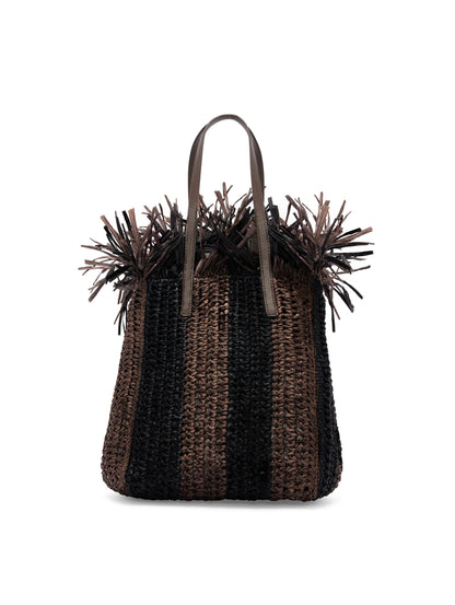 Oscar de la Renta, sac fourre-tout carré en crochet à rayures de taille moyenne, noir/marron