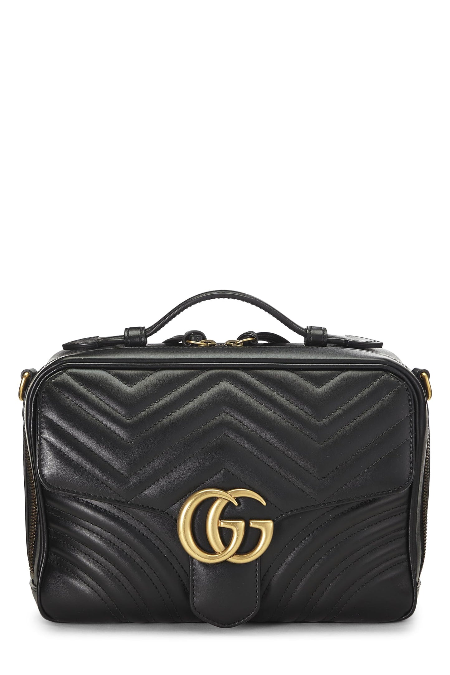 Gucci, Pre-Loved Black Leather GG Marmont Top Handle Shoulder Bag Small, Black