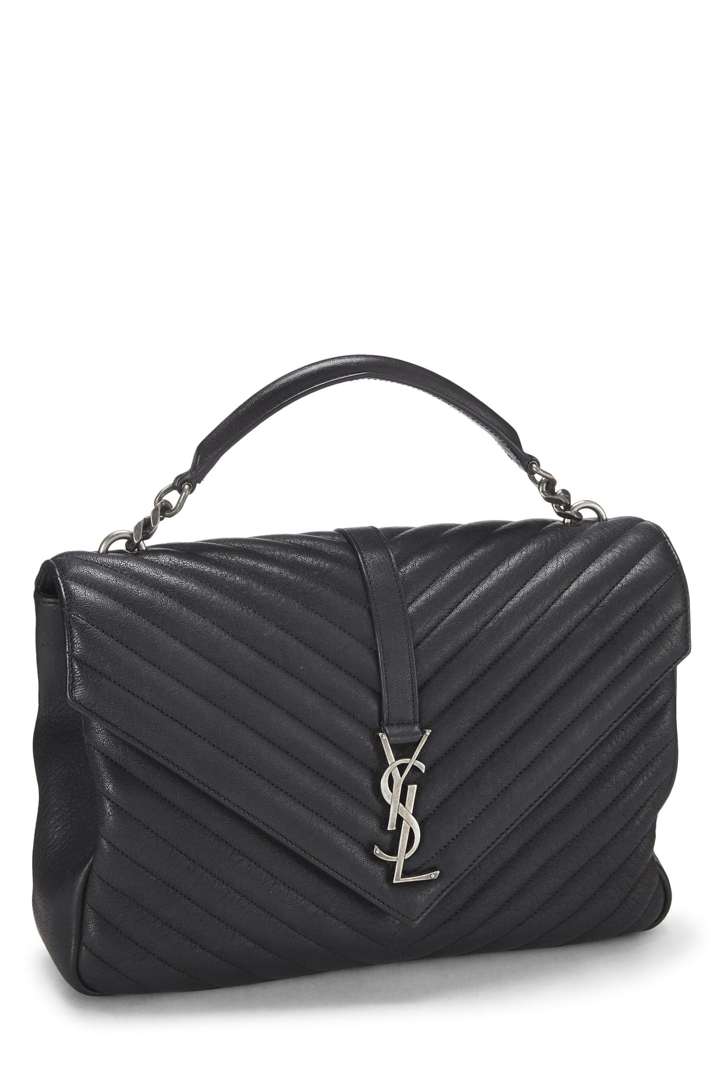 Yves Saint Laurent, Pre-Loved Black Chevron Leather College grande, Negro