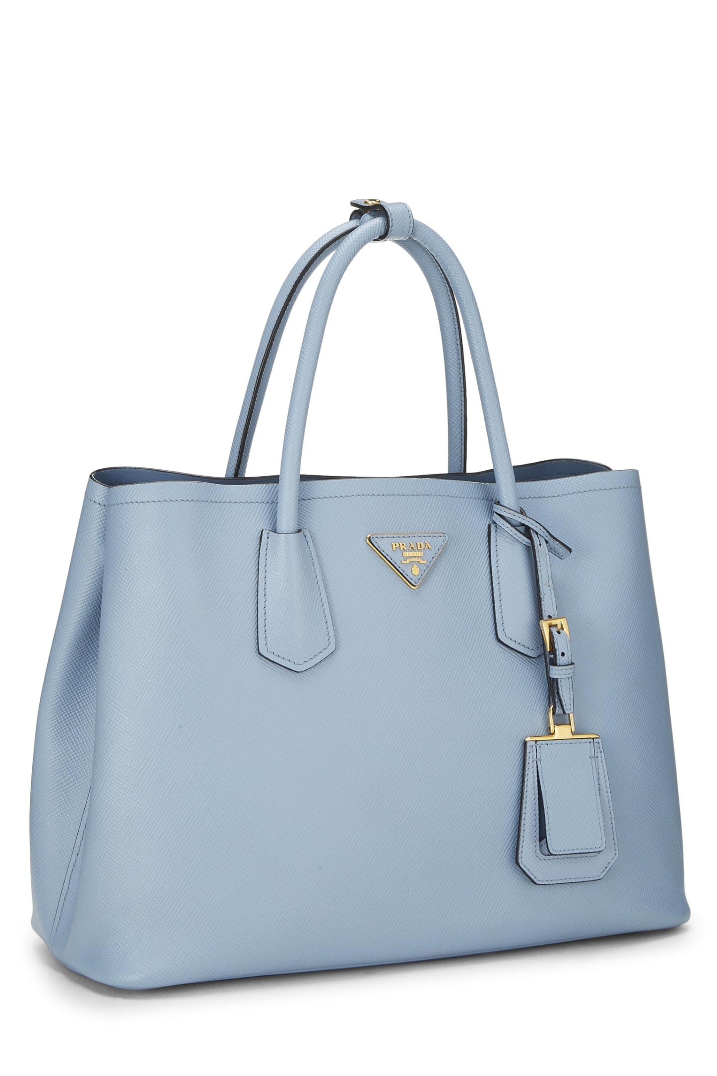 Prada, sac fourre-tout double taille moyenne en saffiano bleu d'occasion, bleu